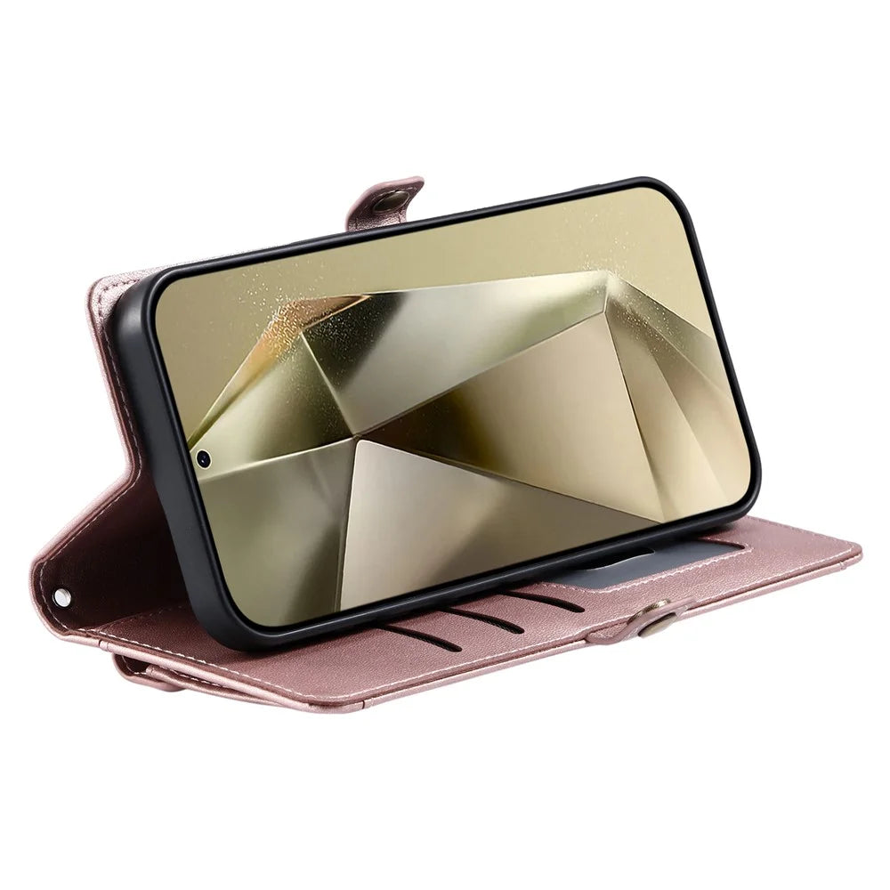 For Samsung Galaxy S26+ Leather Case with Wrist Strap Wallet Stand Phone Cover - Rose Gold - 2