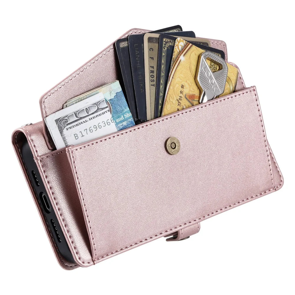 For Samsung Galaxy S26+ Leather Case with Wrist Strap Wallet Stand Phone Cover - Rose Gold - 4