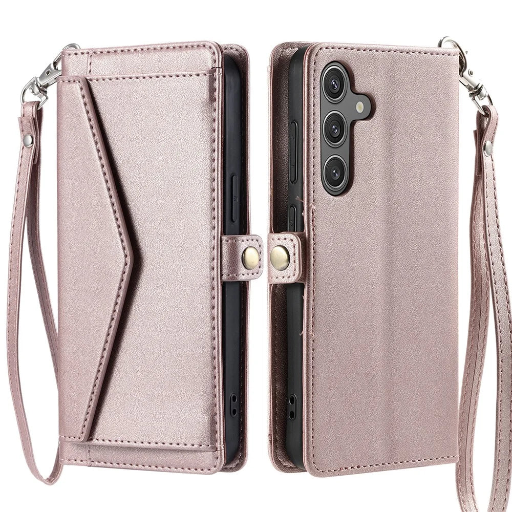 For Samsung Galaxy S26+ Leather Case with Wrist Strap Wallet Stand Phone Cover - Rose Gold - 7