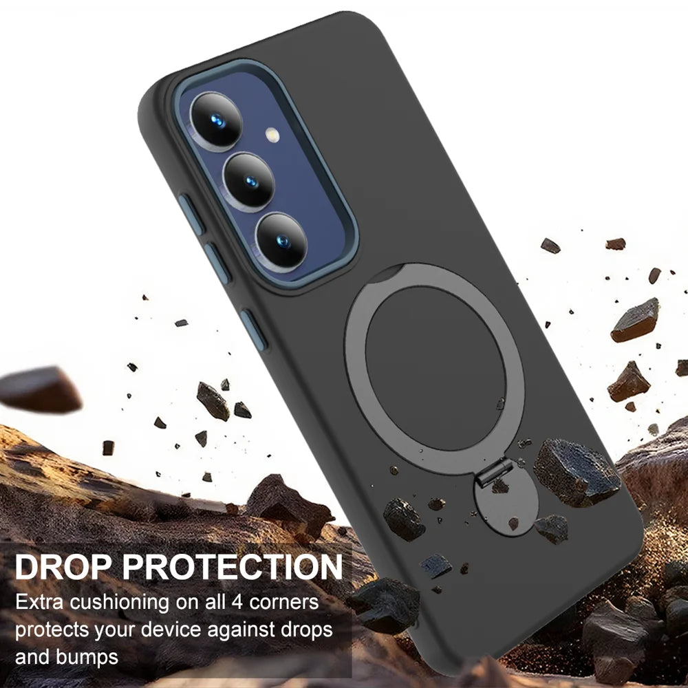 For Samsung Galaxy A18 4G / A18 5G / A17 5G / A26 5G / F17 5G / M17 5G / A17 4G Magnetic Case Rotating Ring Kickstand TPU + PC Back Cover - Black - 4