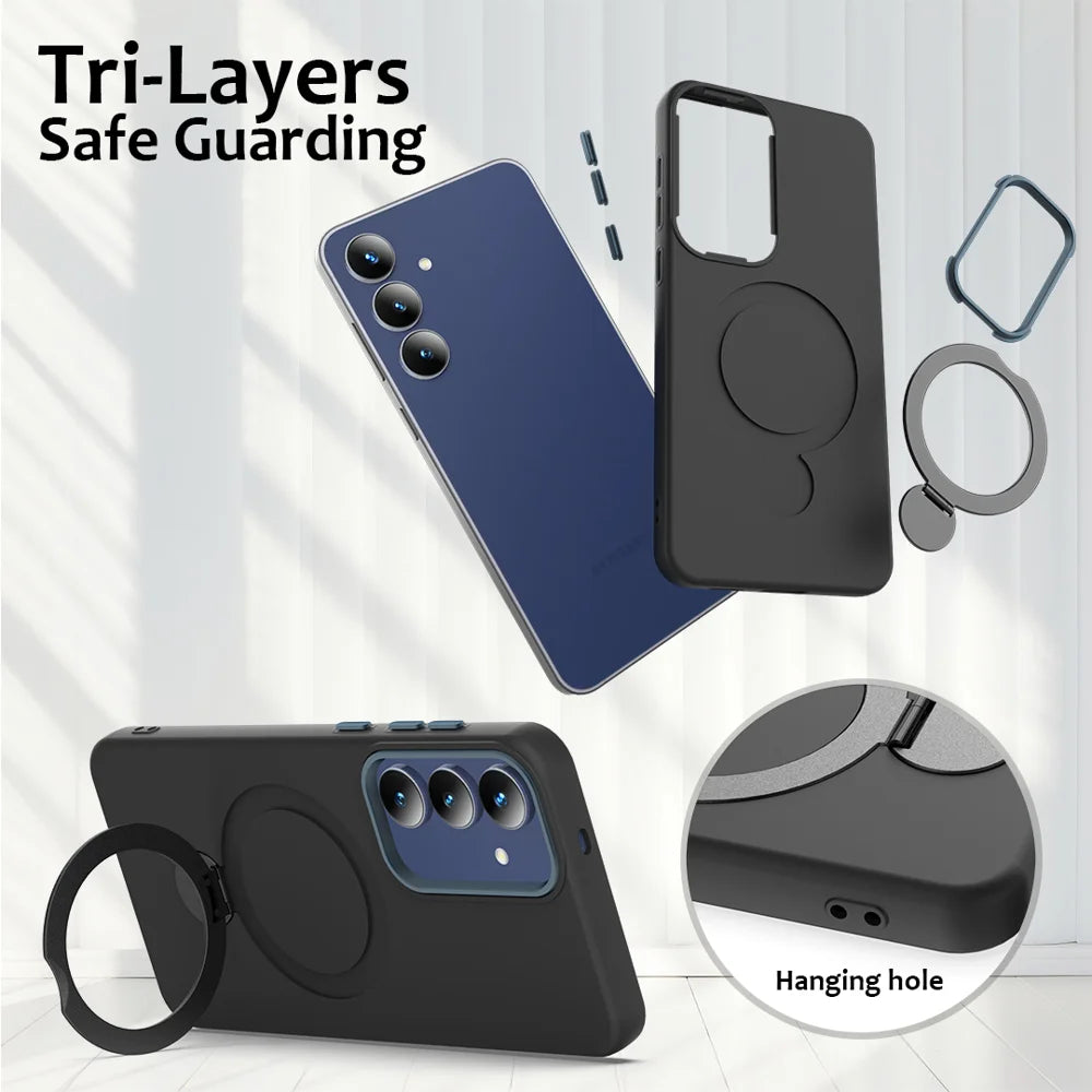 For Samsung Galaxy A18 4G / A18 5G / A17 5G / A26 5G / F17 5G / M17 5G / A17 4G Magnetic Case Rotating Ring Kickstand TPU + PC Back Cover - Black - 6