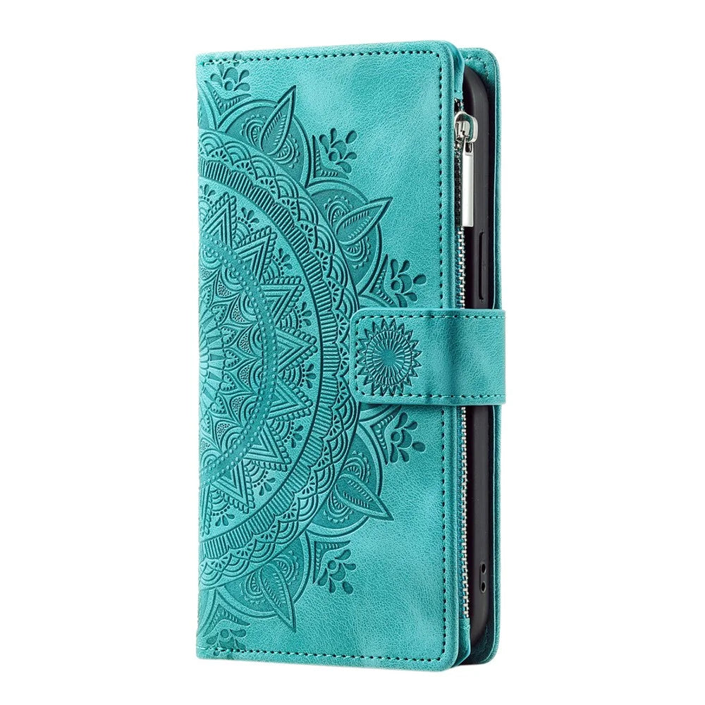 For Samsung Galaxy A37 5G Wallet Case Mandala Flower Pattern PU Leather Phone Cover with Wrist Strap - Mint Green - 7