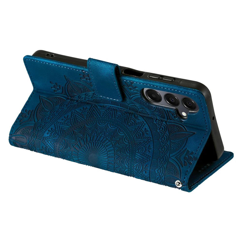 For Samsung Galaxy A37 5G Case Imprinted Totem Skin Feel Wallet Leather Phone Cover with Hand Strap - Blue - 4