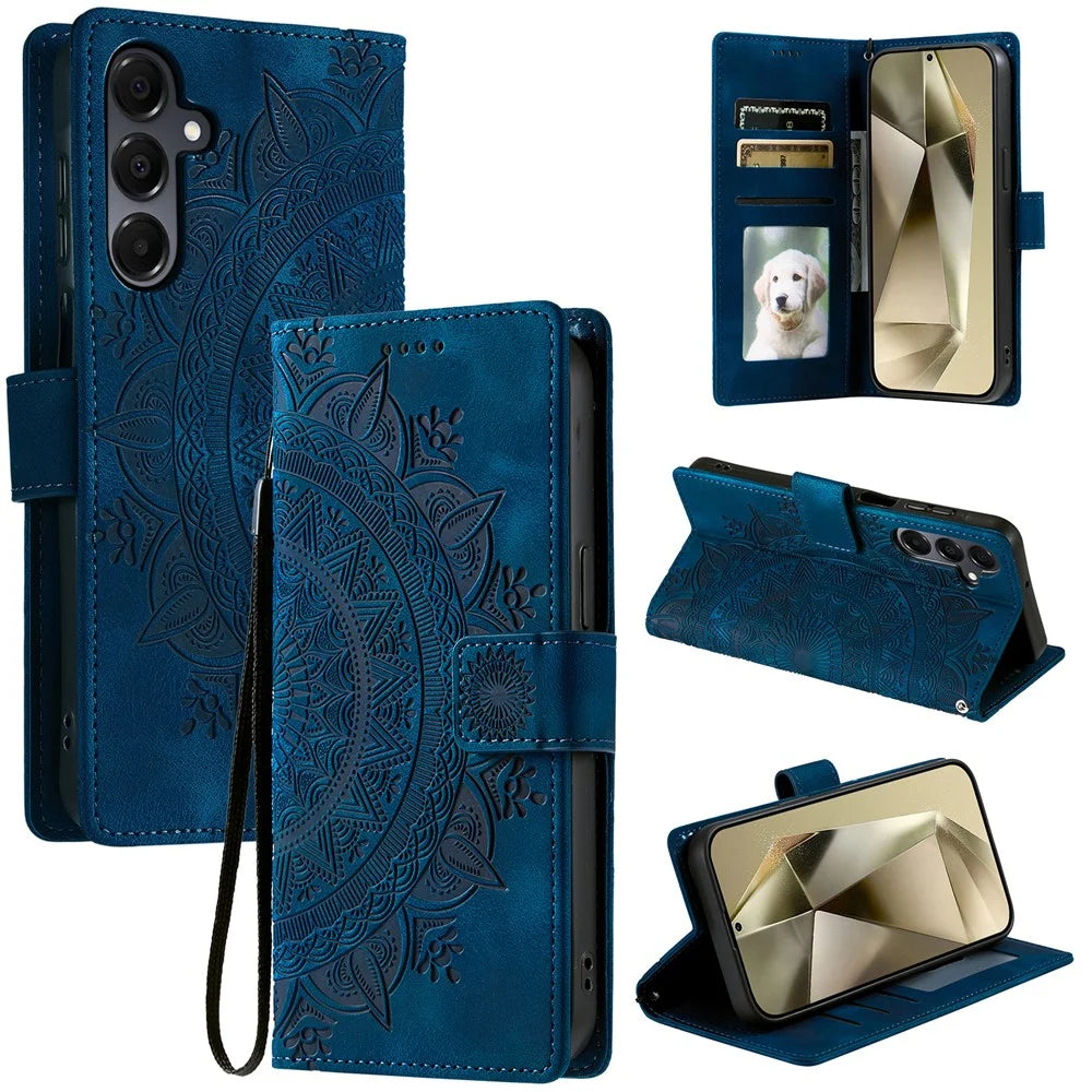 For Samsung Galaxy A37 5G Case Imprinted Totem Skin Feel Wallet Leather Phone Cover with Hand Strap - Blue - 7