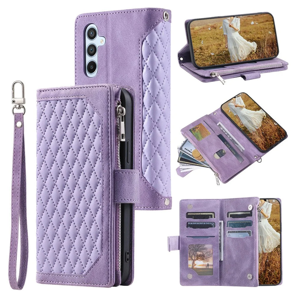 For Samsung Galaxy A57 5G Wallet Case Rhombus Stitching Line PU Leather Phone Cover with Wrist Strap - Purple - 1
