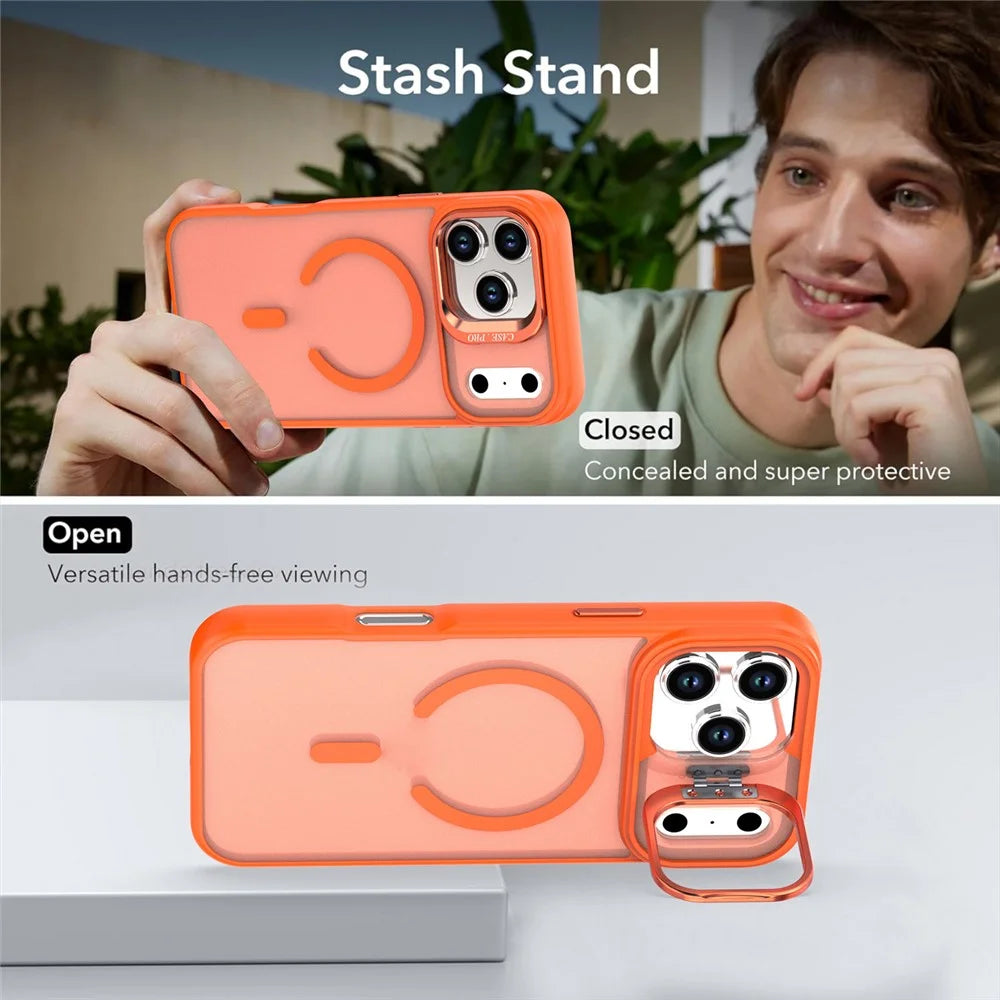 For iPhone 17 Pro Max Case Foldable Kickstand Matte PC + TPU Phone Cover Compatible with MagSafe - Orange - 3