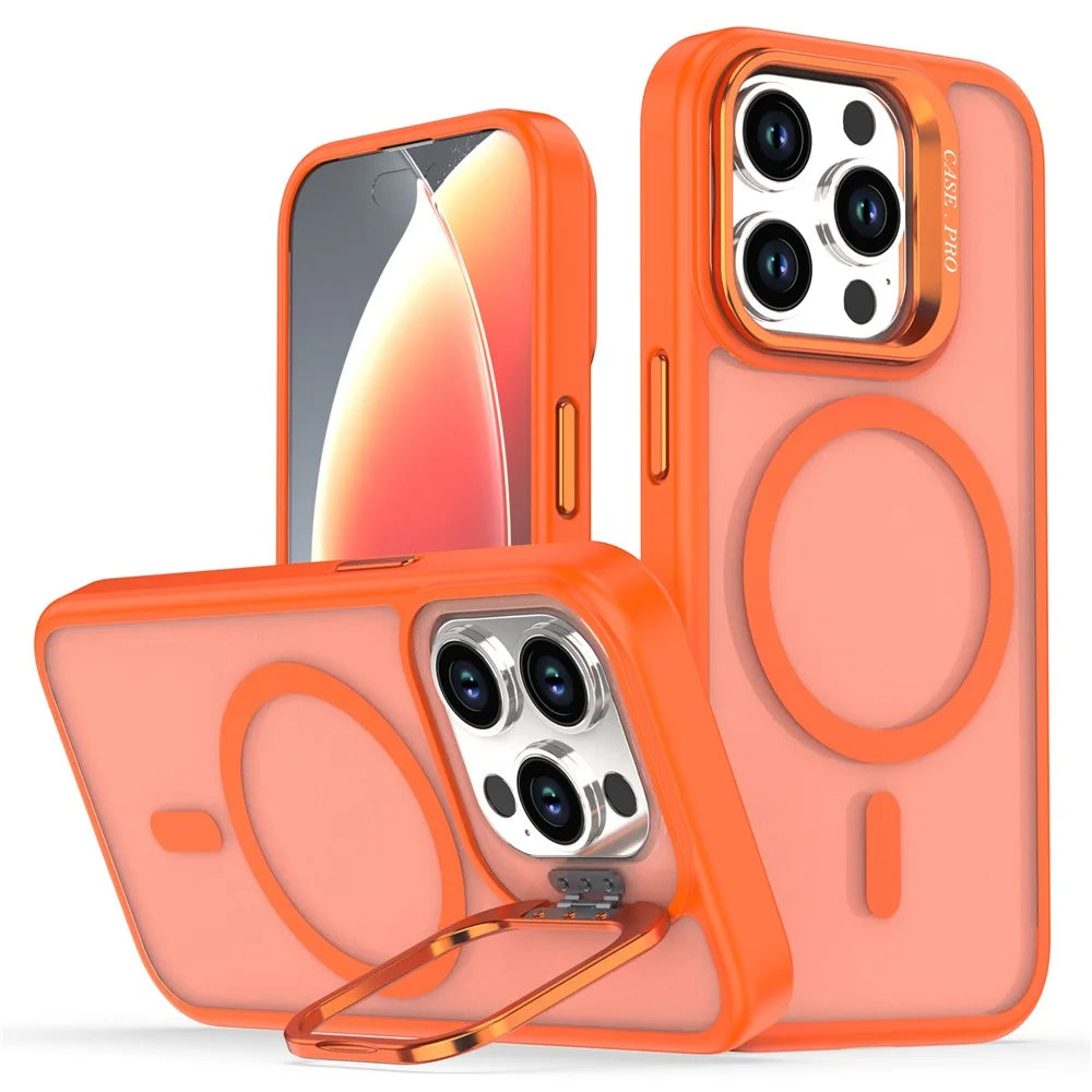 For iPhone 15 Pro Case Foldable Kickstand Matte PC + TPU Phone Cover Compatible with MagSafe - Orange - 1