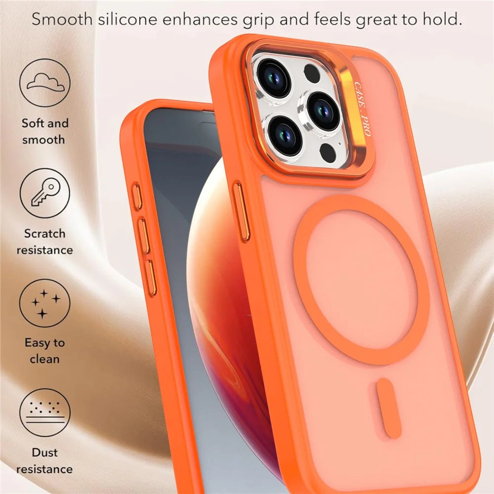 For iPhone 15 Pro Case Foldable Kickstand Matte PC + TPU Phone Cover Compatible with MagSafe - Orange - 3