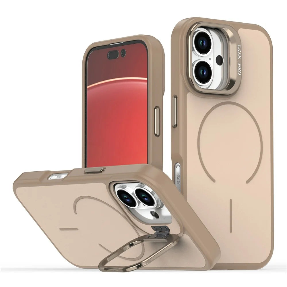 For iPhone 16 Plus Case Compatible with MagSafe Skin-touch PC + TPU Phone Cover with Foldable Kickstand - Desert Gold - 1