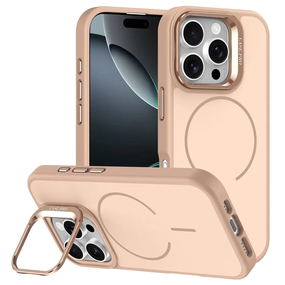 For iPhone 16 Pro Max Case Compatible with MagSafe Skin-touch PC + TPU Phone Cover with Foldable Kickstand - Desert Gold - 1