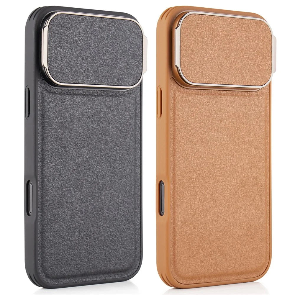 GKK For iPhone 17 Pro Case PU Leather Covered PC Phone Shell with Lens Guard Kickstand - Black - 4