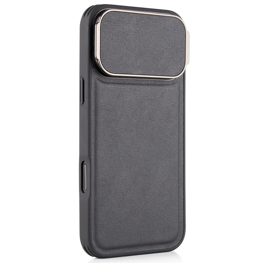 GKK For iPhone 17 Pro Max Case PU Leather Covered PC Phone Shell with Lens Guard Kickstand - Black - 2