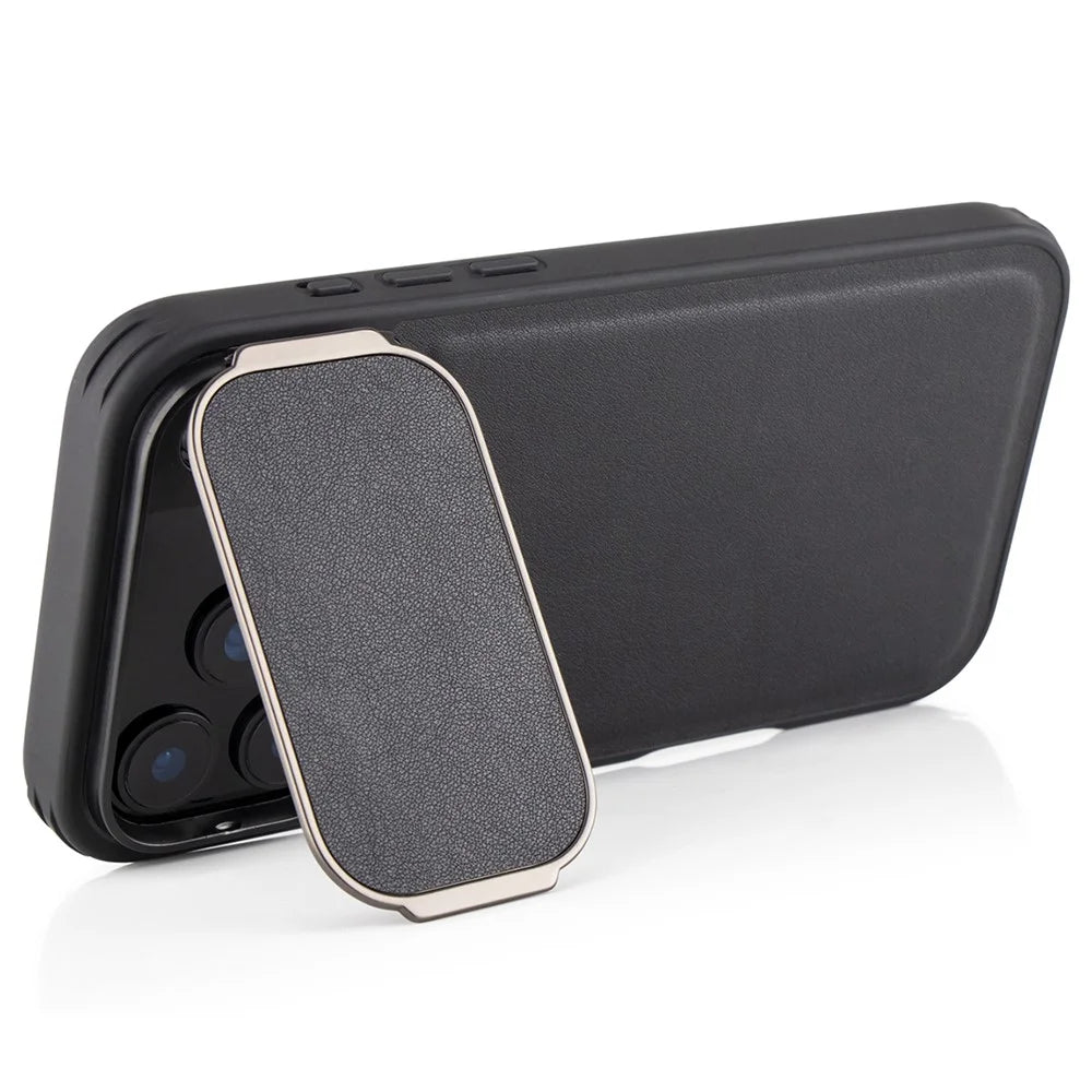 GKK For iPhone 17 Pro Max Case PU Leather Covered PC Phone Shell with Lens Guard Kickstand - Black - 3