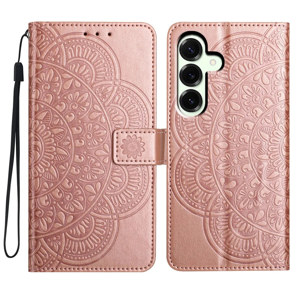 For Samsung Galaxy A37 5G Leather Case with Card Slots Mandala Pattern Phone Cover Stand - Rose Gold - 1