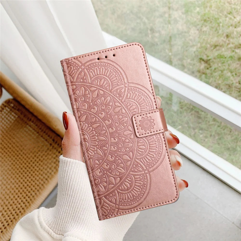 For Samsung Galaxy A57 5G Leather Case with Card Slots Mandala Pattern Phone Cover Stand - Rose Gold - 5