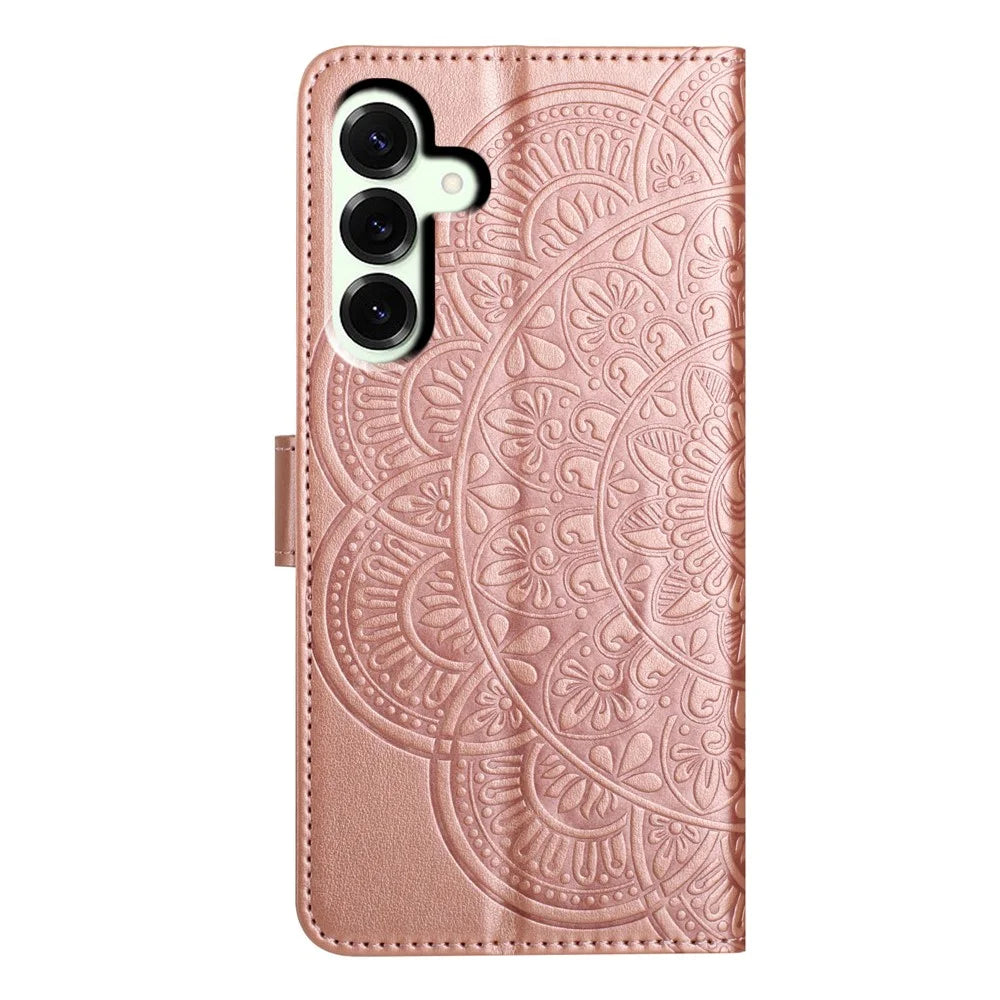 For Samsung Galaxy A57 5G Leather Case with Card Slots Mandala Pattern Phone Cover Stand - Rose Gold - 7