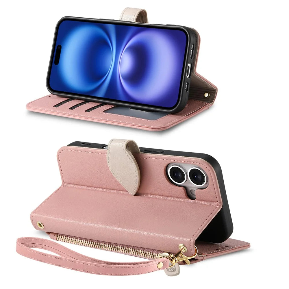 For iPhone 17 Stand Case Leaf Shape Magnetic Clasp Leather Phone Cover with Hand Strap - Rose Gold - 3