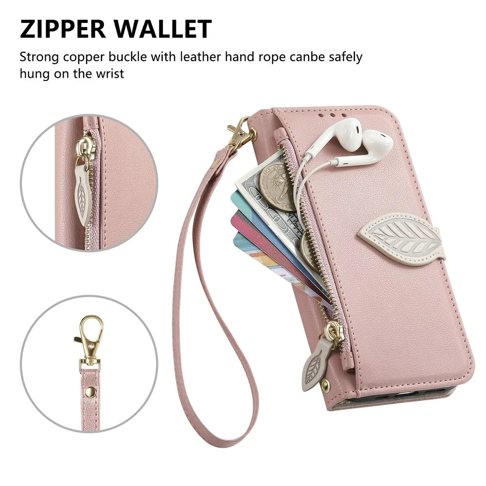 For iPhone 17 Stand Case Leaf Shape Magnetic Clasp Leather Phone Cover with Hand Strap - Rose Gold - 5