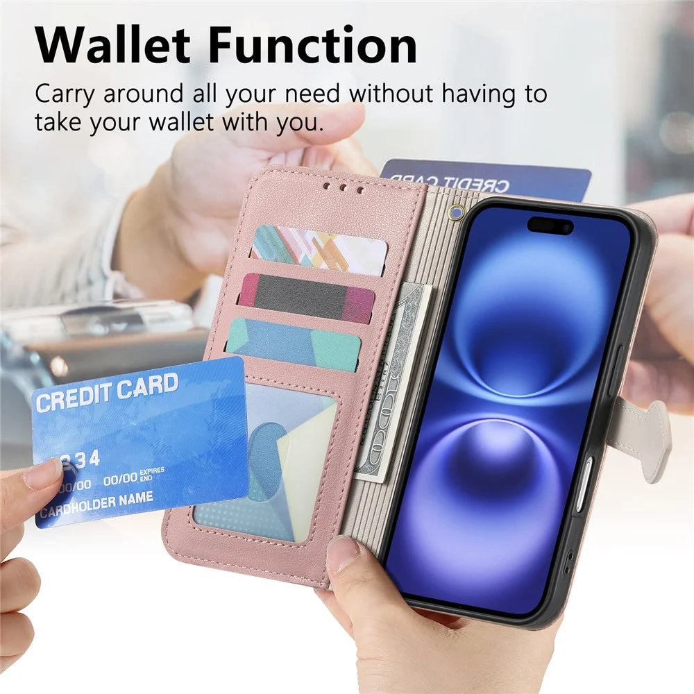 For iPhone 17 Stand Case Leaf Shape Magnetic Clasp Leather Phone Cover with Hand Strap - Rose Gold - 6