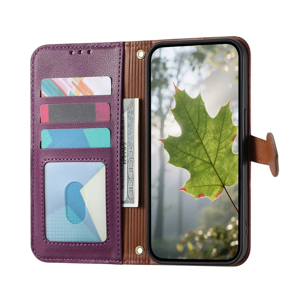 For Samsung Galaxy S24 Stand Case Leaf Shape Magnetic Clasp Leather Phone Cover with Hand Strap - Purple - 2