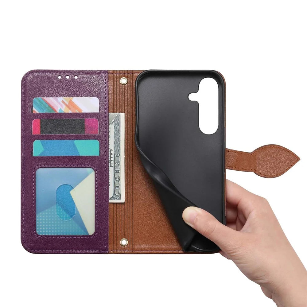 For Samsung Galaxy S24 Stand Case Leaf Shape Magnetic Clasp Leather Phone Cover with Hand Strap - Purple - 4
