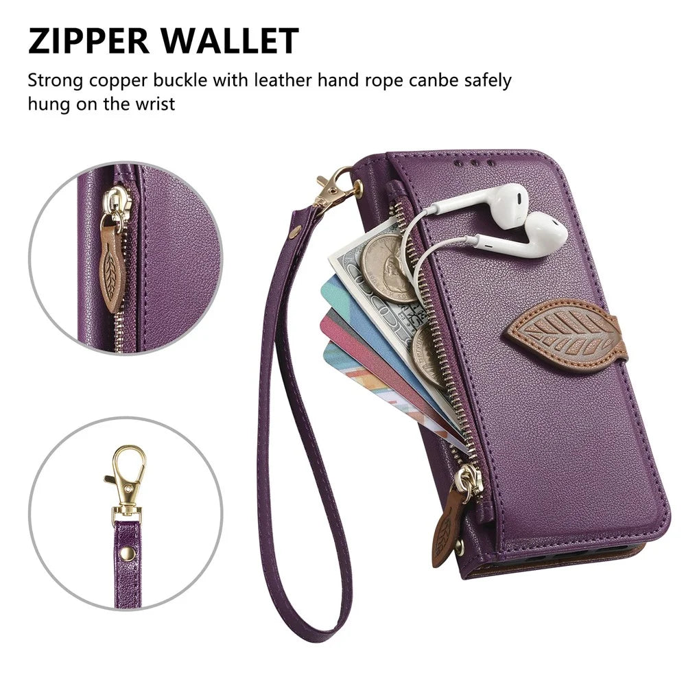 For Samsung Galaxy S24 Stand Case Leaf Shape Magnetic Clasp Leather Phone Cover with Hand Strap - Purple - 5