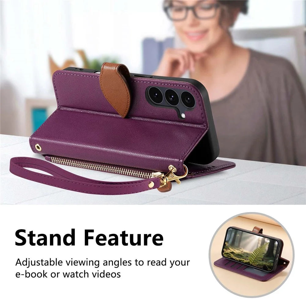 For Samsung Galaxy S24 Stand Case Leaf Shape Magnetic Clasp Leather Phone Cover with Hand Strap - Purple - 7