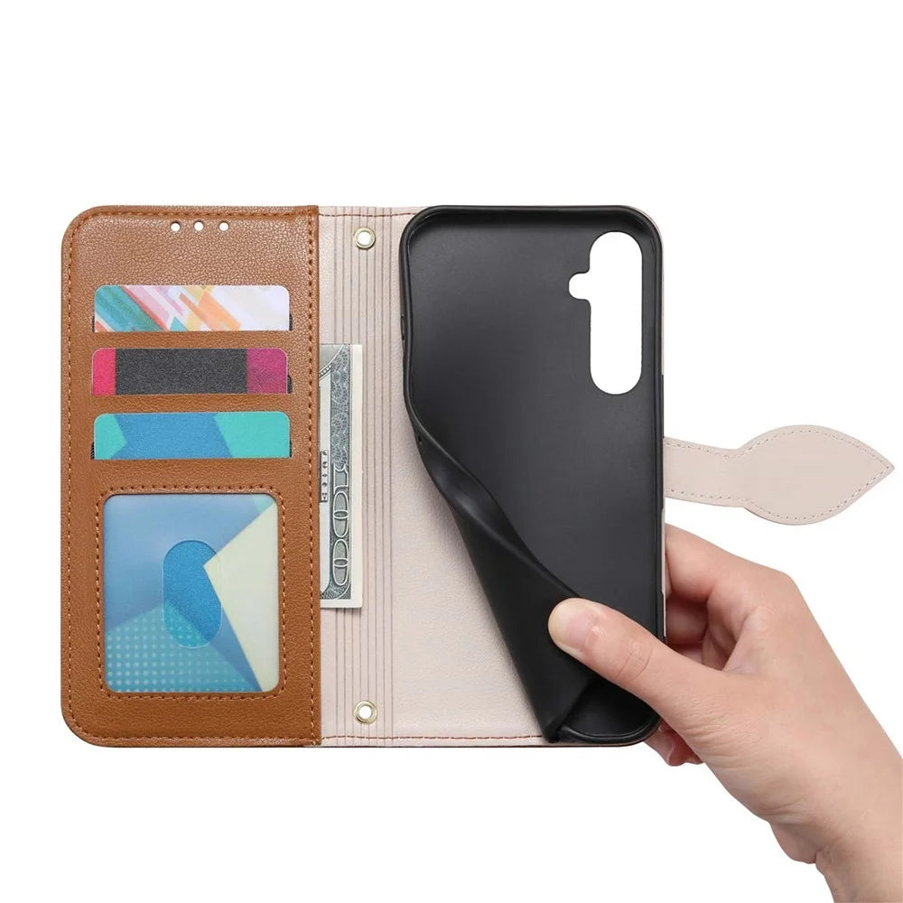 Stand Case for Samsung Galaxy A18 5G / A18 4G / A26 5G / A17 5G / A16 5G / A16 4G Leaf Shape Magnetic Clasp Leather Phone Cover with Hand Strap - Brown - 4