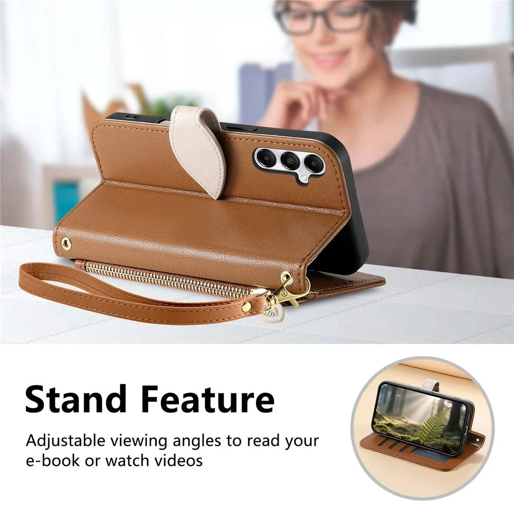 Stand Case for Samsung Galaxy A18 5G / A18 4G / A26 5G / A17 5G / A16 5G / A16 4G Leaf Shape Magnetic Clasp Leather Phone Cover with Hand Strap - Brown - 7