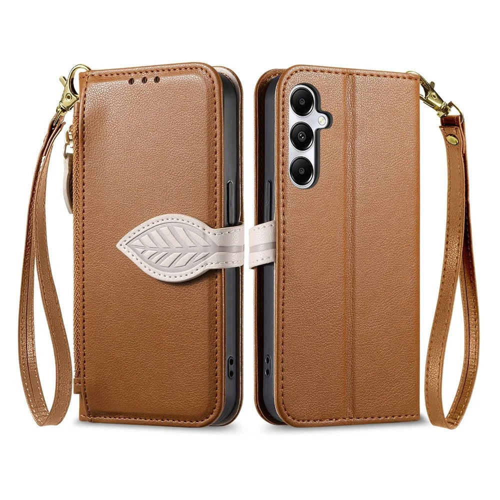 Stand Case for Samsung Galaxy A56 5G  /  Galaxy M56 5G Leaf Shape Magnetic Clasp Leather Phone Cover with Hand Strap - Brown - 1