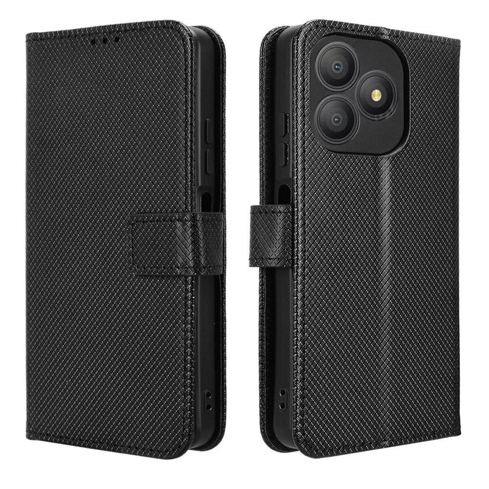 For Blackview Wave 9C Leather Wallet Case with Strap Diamond Texture Phone Cover - Black - 1