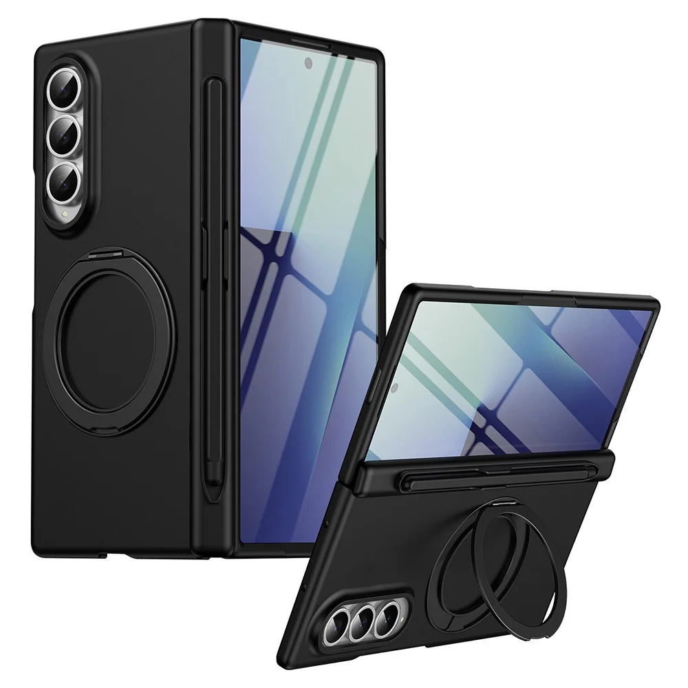 For Samsung Galaxy Z Fold4 5G Rotary Kickstand PC Phone Cover with Tempered Glass Film / Stylus - Black - 1