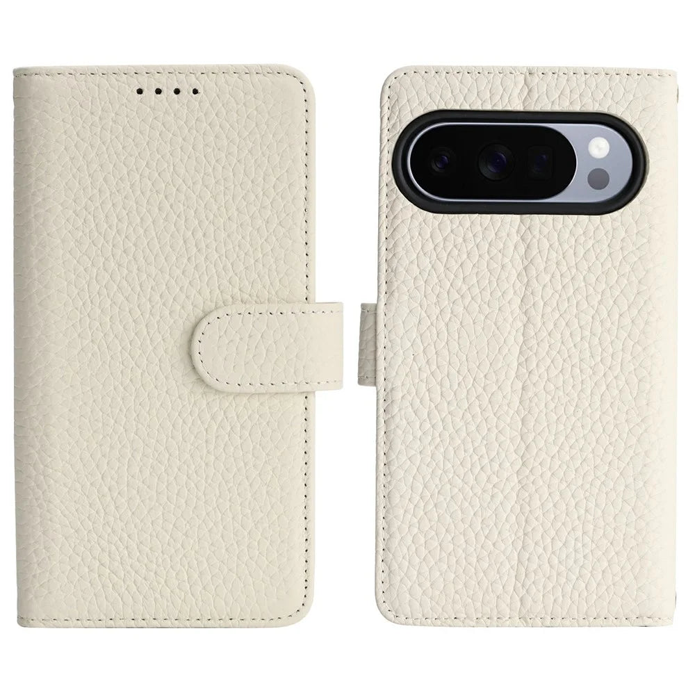 Stand Case For Google Pixel 10  /  Pixel 10 Pro Litchi Texture Genuine Cow Leather Wallet Phone Cover RFID Blocking - White - 1