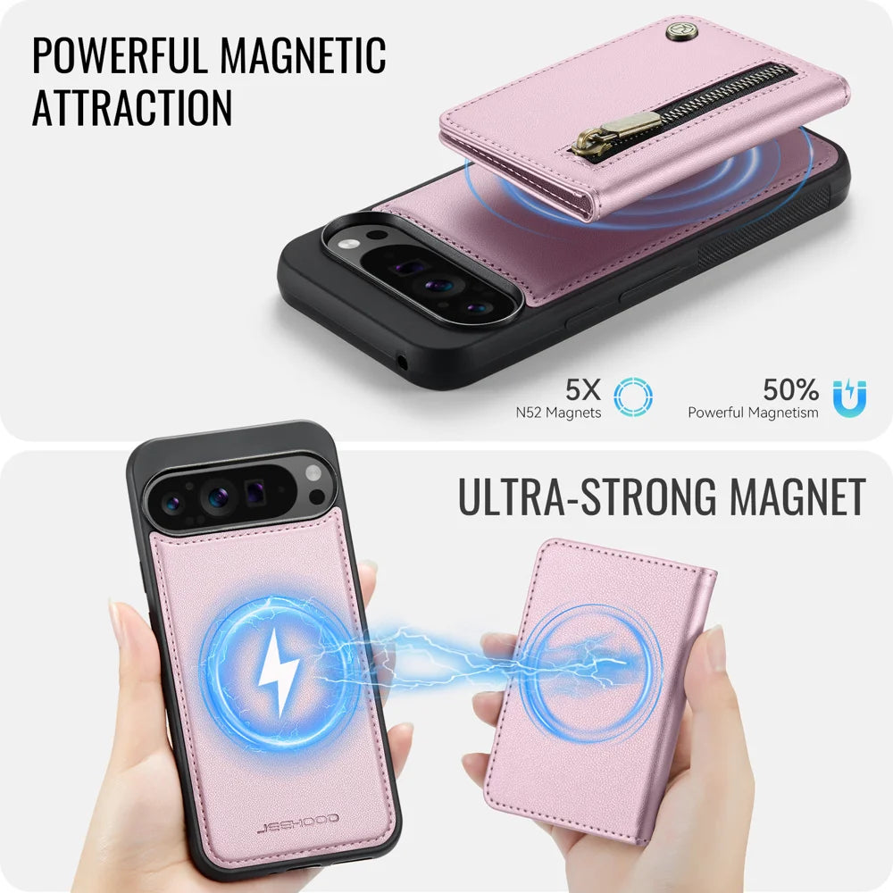 JEEHOOD For Google Pixel 10 Pro XL Case  J12 Magnetic Detachable Zipper Wallet Kickstand Leather Back Cover Magnetic Case - Pink - 3