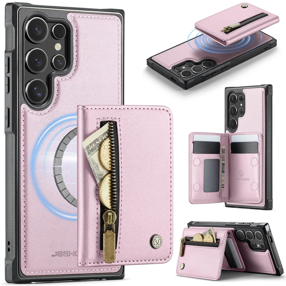 JEEHOOD For Samsung Galaxy S24 Ultra Case  J12 Magnetic Detachable Zipper Wallet Kickstand Leather Back Cover Magnetic Case - Pink - 1
