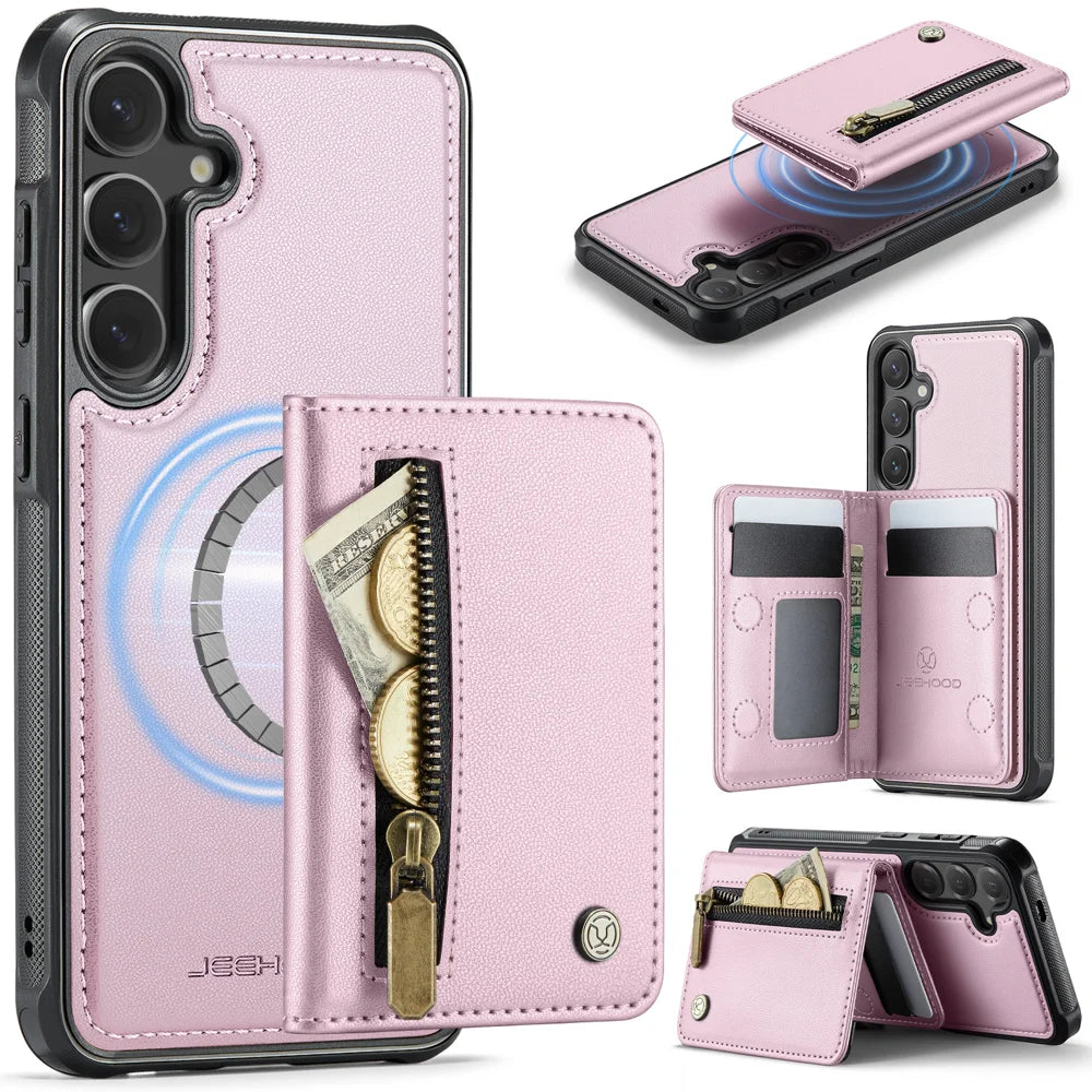 JEEHOOD For Samsung Galaxy S24 FE Case  J12 Magnetic Detachable Zipper Wallet Kickstand Leather Back Cover Magnetic Case - Pink - 1
