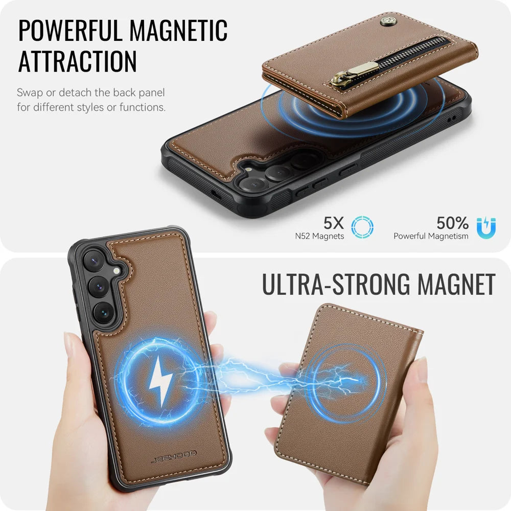 JEEHOOD For Samsung Galaxy S25 Case  J12 Magnetic Detachable Zipper Wallet Kickstand Leather Back Cover Magnetic Case - Brown - 3