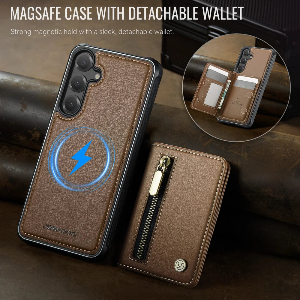 JEEHOOD For Samsung Galaxy S25 Case  J12 Magnetic Detachable Zipper Wallet Kickstand Leather Back Cover Magnetic Case - Brown - 4