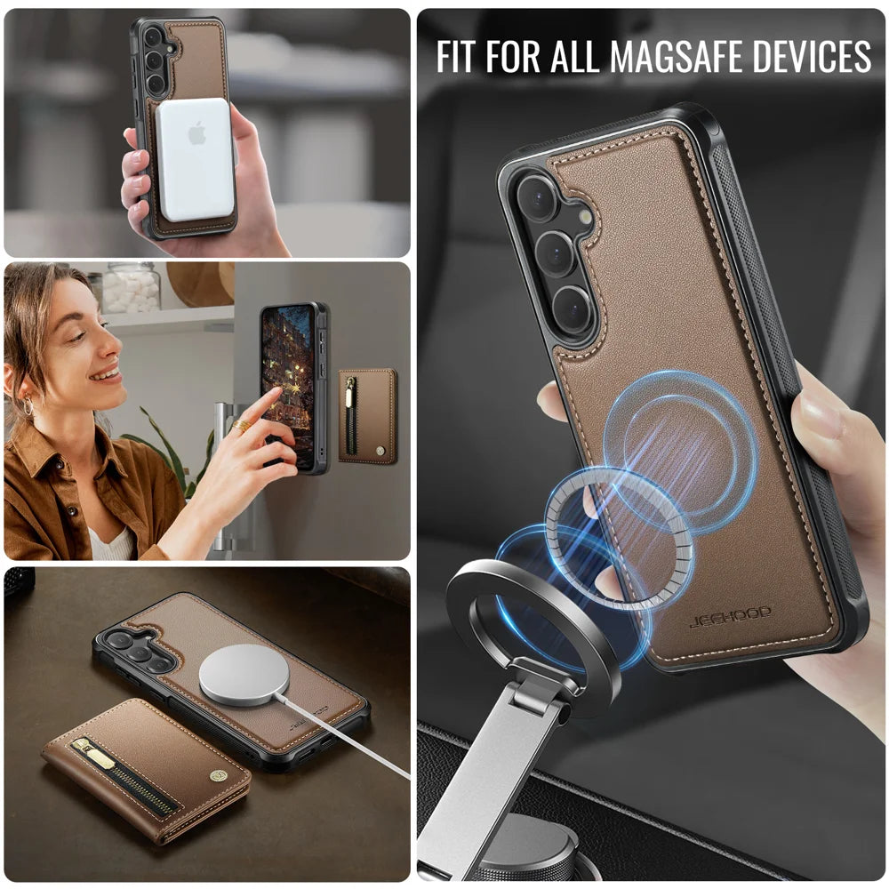 JEEHOOD For Samsung Galaxy S25 Case  J12 Magnetic Detachable Zipper Wallet Kickstand Leather Back Cover Magnetic Case - Brown - 6