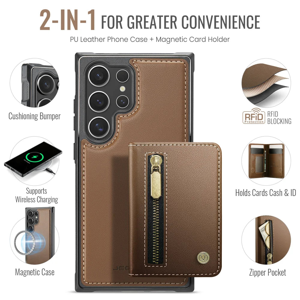 JEEHOOD For Samsung Galaxy S25 Ultra Case  J12 Magnetic Detachable Zipper Wallet Kickstand Leather Back Cover Magnetic Case - Brown - 2