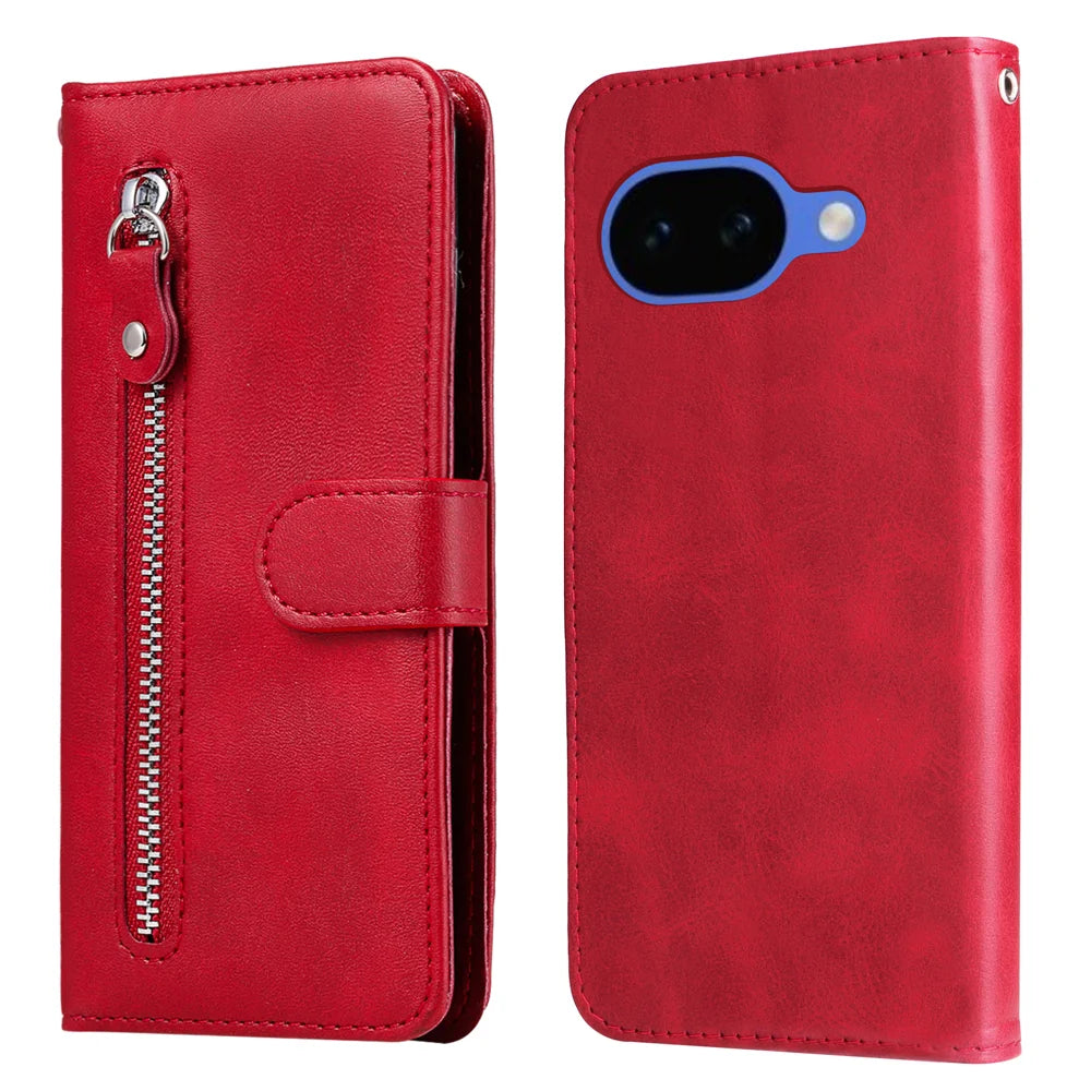 For Google Pixel 10a PU Leather Cases with Zipper Pocket Wallet Phone Cover Stand - Red - 1