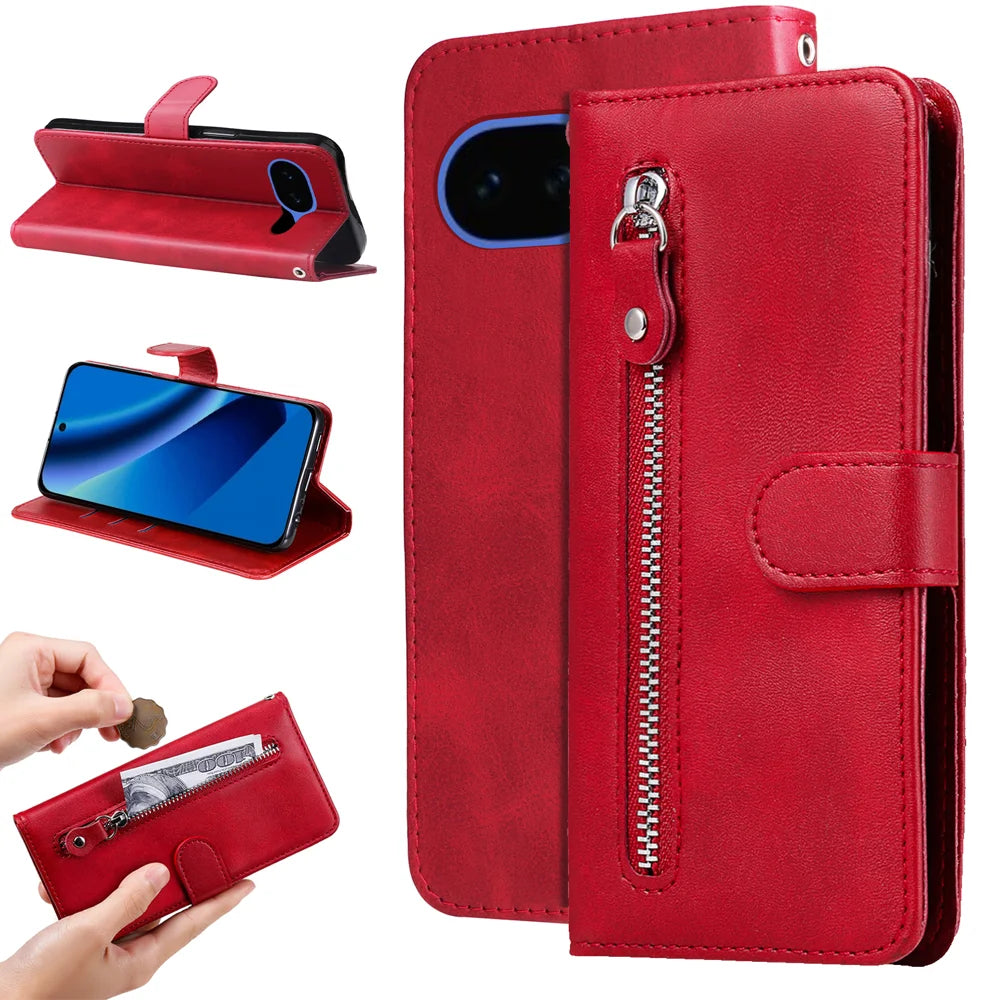 For Google Pixel 10a PU Leather Cases with Zipper Pocket Wallet Phone Cover Stand - Red - 2