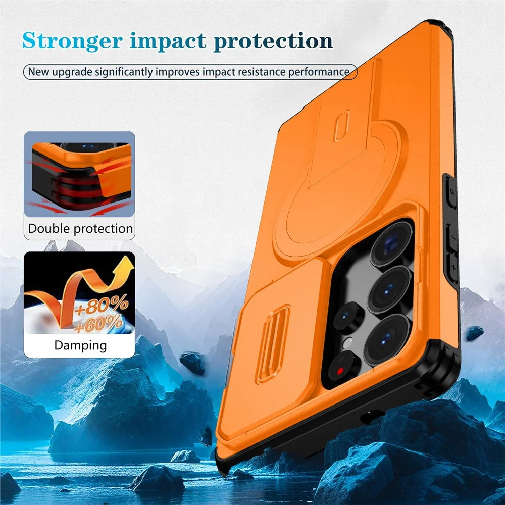 For Samsung Galaxy S25 Ultra Case Kickstand Camera Slider PC + TPU Phone Cover Magnetic Case - Orange - 2