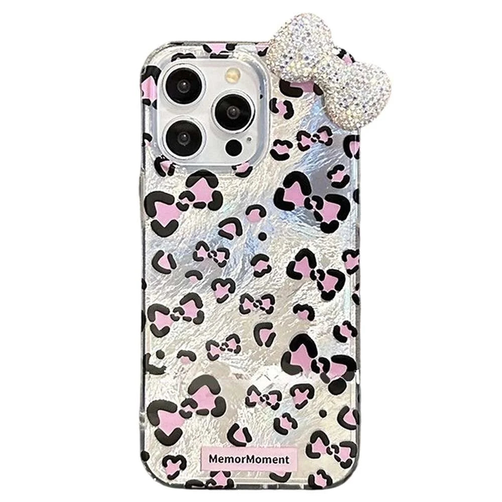 For iPhone 14 Pro Hybrid Case Leopard Bow Pattern TPU PC Phone Cover 3D Rhinestone Bowknot Decor - Silver - 1