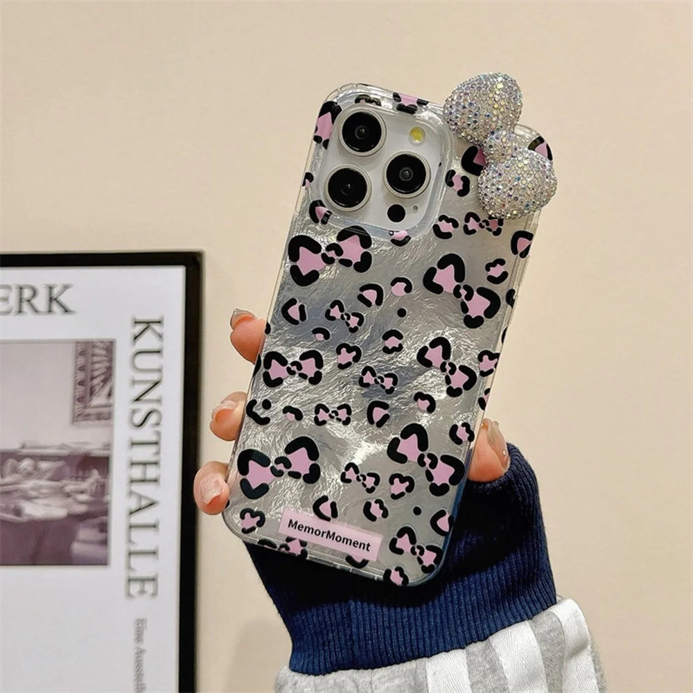 For iPhone 14 Pro Hybrid Case Leopard Bow Pattern TPU PC Phone Cover 3D Rhinestone Bowknot Decor - Silver - 2