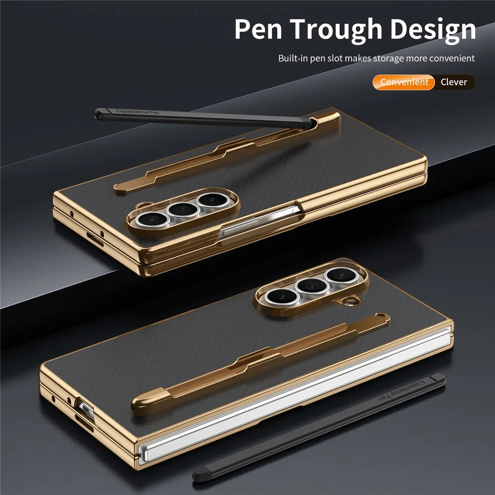 For Samsung Galaxy Z Fold7 5G Case Carbon Fiber Texture Leather PC Electroplating Phone Cover with Screen Film / Stylus - Black - 6