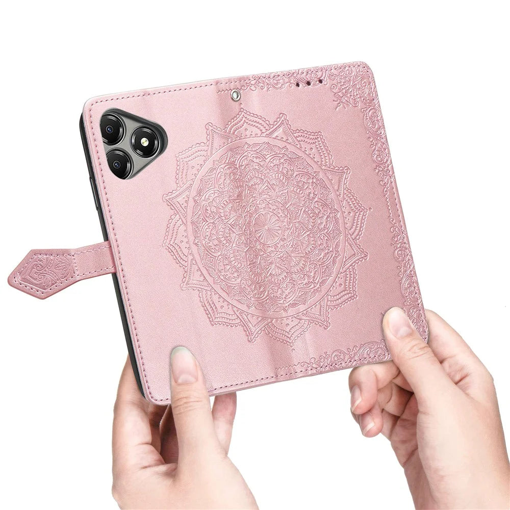 For ZTE Blade A36 Case Wallet Mandala Flower Leather Phone Cover Stand View - Rose Gold - 4