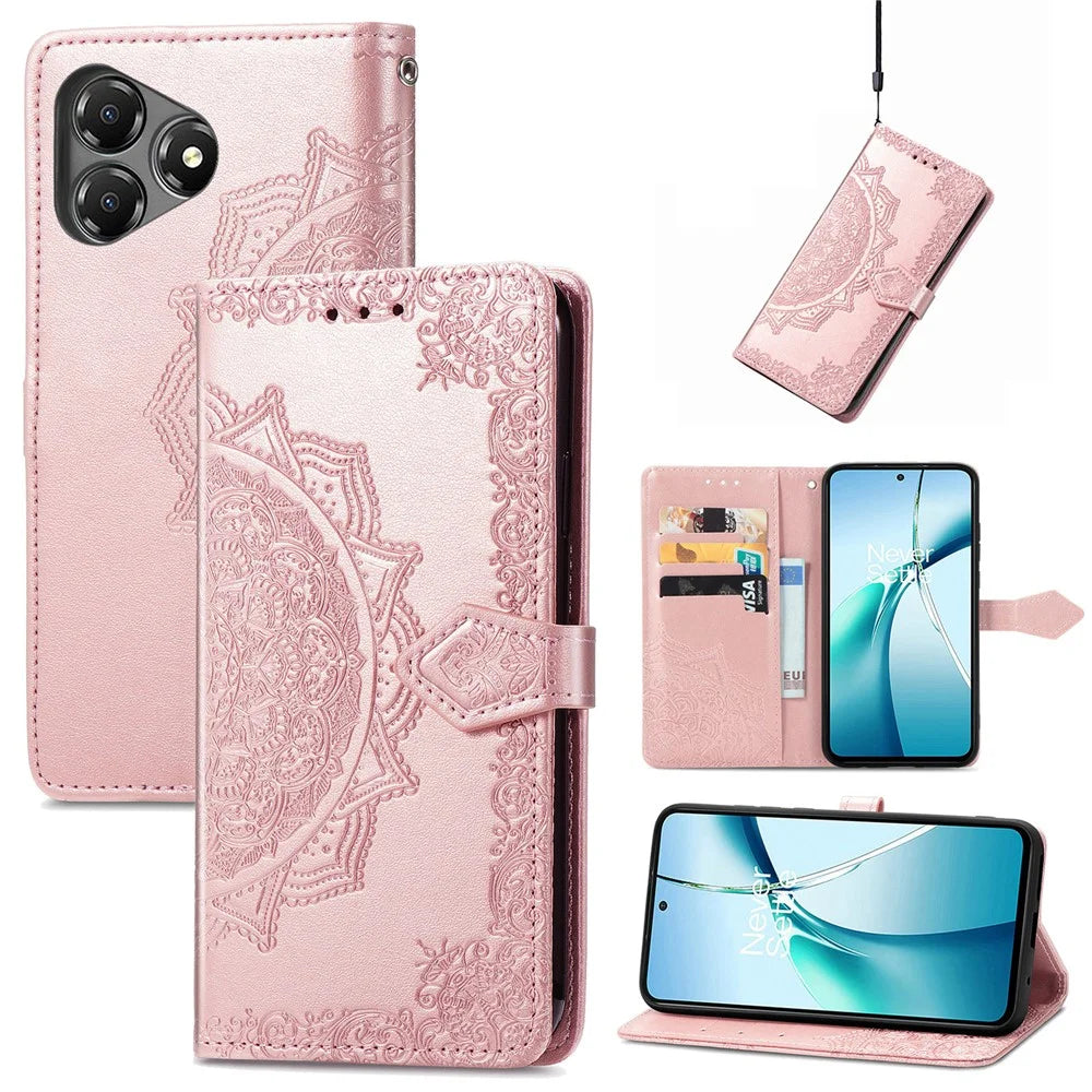For ZTE Blade A36 Case Wallet Mandala Flower Leather Phone Cover Stand View - Rose Gold - 7