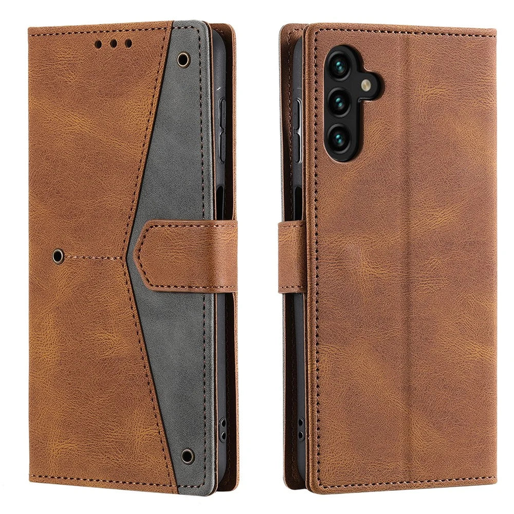 For Samsung Galaxy A27 5G Leather Case Splicing Stitching Wallet Phone Cover with Wrist Strap - Brown - 5