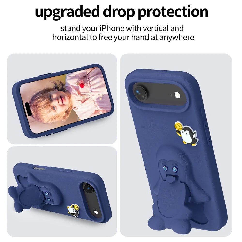 For iPhone Air Case Penguin Design Kickstand Shockproof EVA Phone Cover - Navy Blue - 4